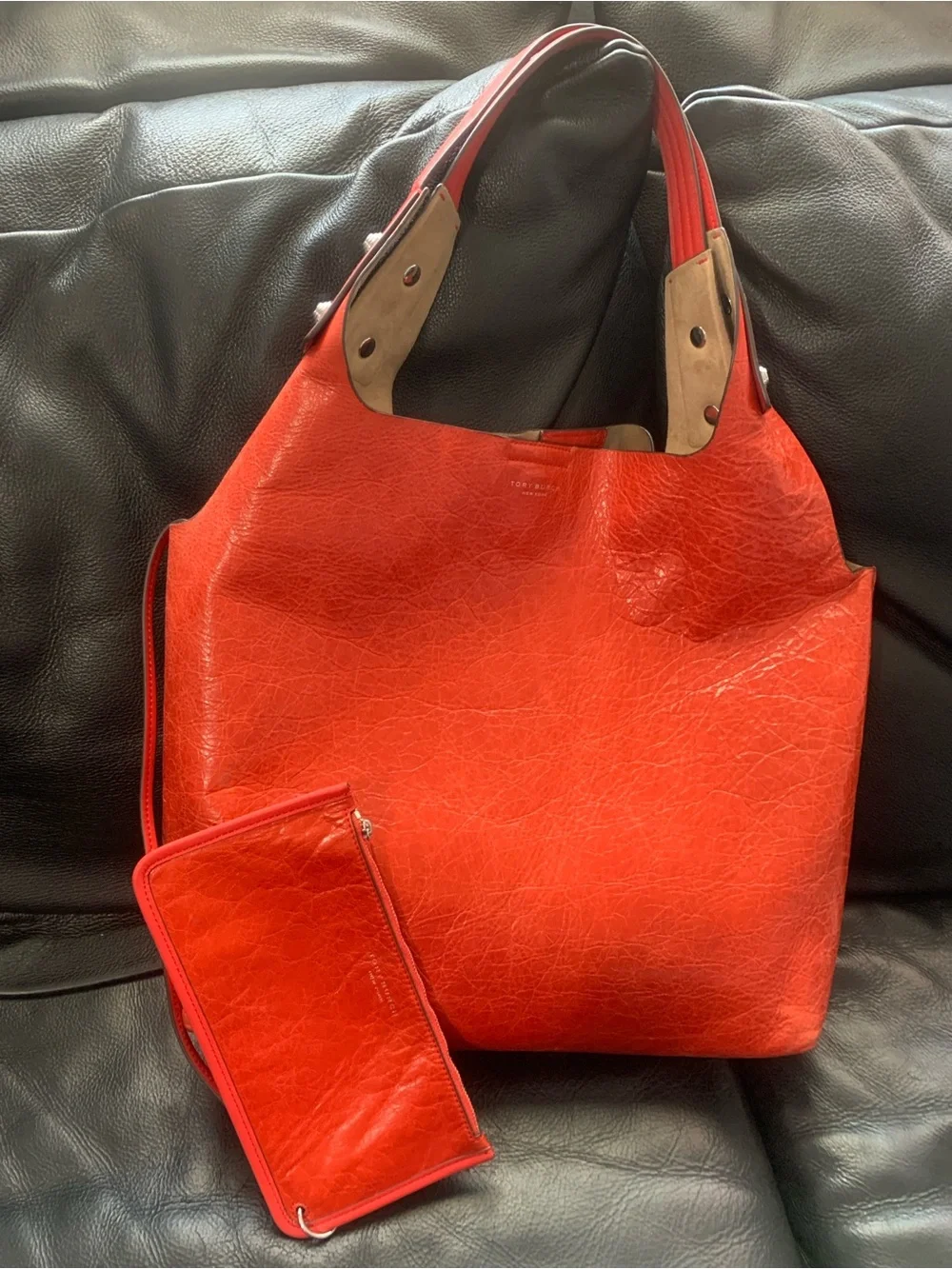 Tory Burch Rory Leather Tote Bag – Bright Coral / Orange Red